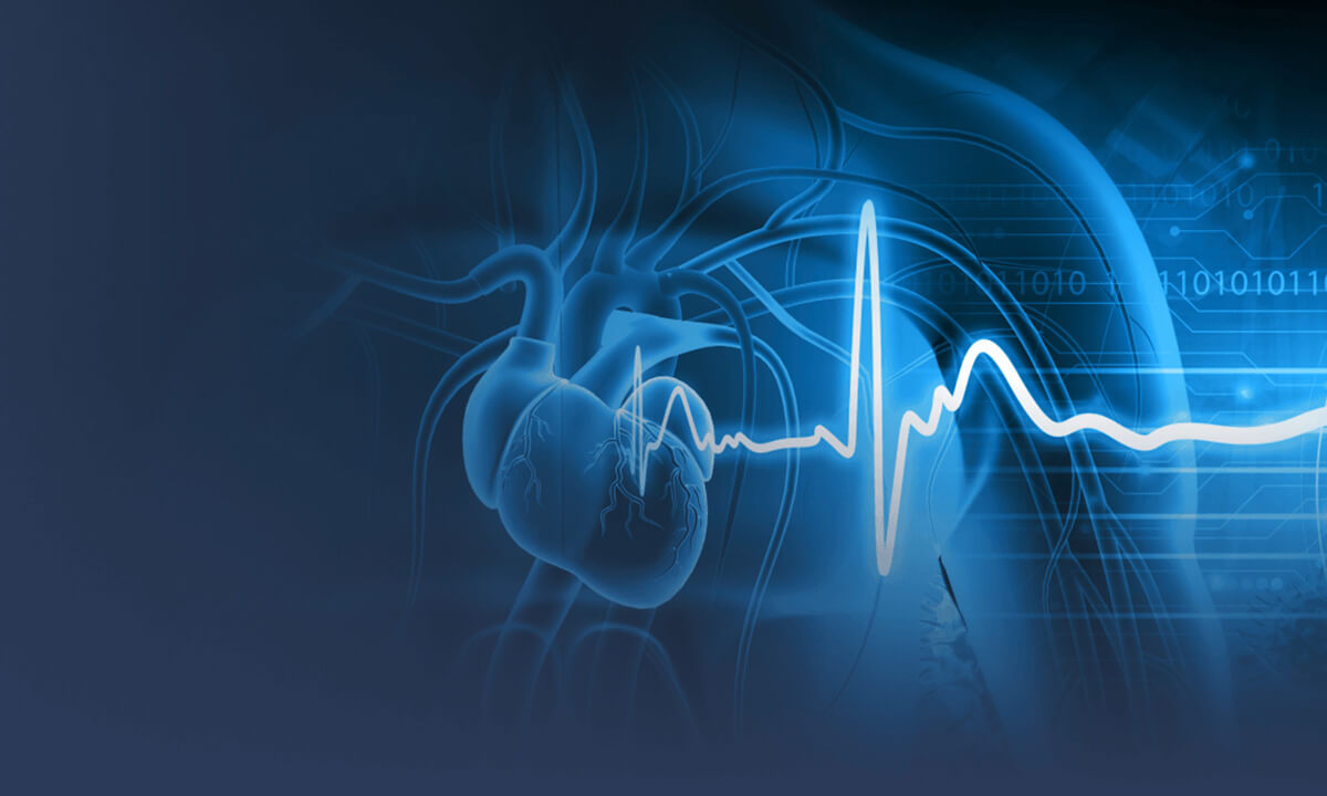 Digital illustration of a human heart with surrounding vessels, overlaid with a glowing blue electrocardiogram (ECG) line and binary code elements